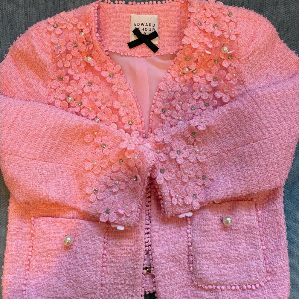 EDWARD ACHOUR PARIS 
Floral-Appliqué Tweed Jacket , size 38, Like New